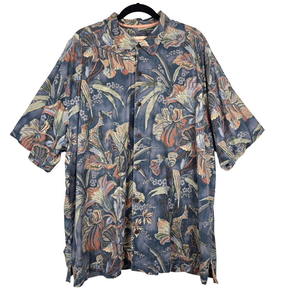 Tommy Bahama Mens‎ XXL Blue Tropical Floral Silk Short Sleeve Button Down Shirt
